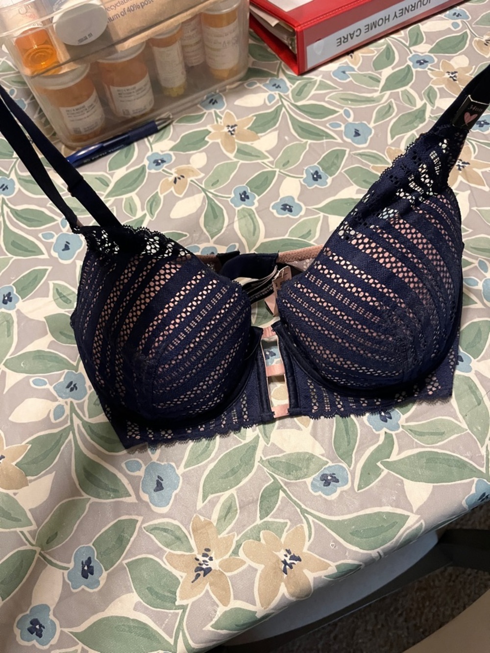 Victoria's Secret Navy Lace Push-Up Bra with Sheer Stripes